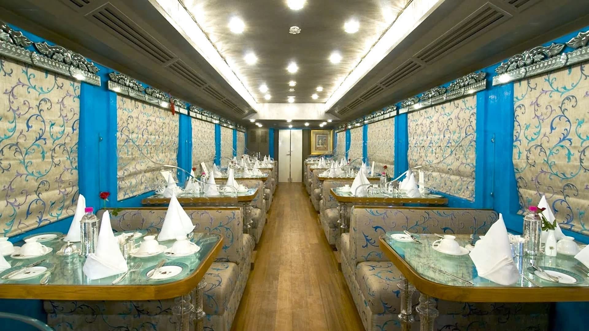 Ornate dining car aboard the Palace on Wheels with regal Rajput-inspired decor