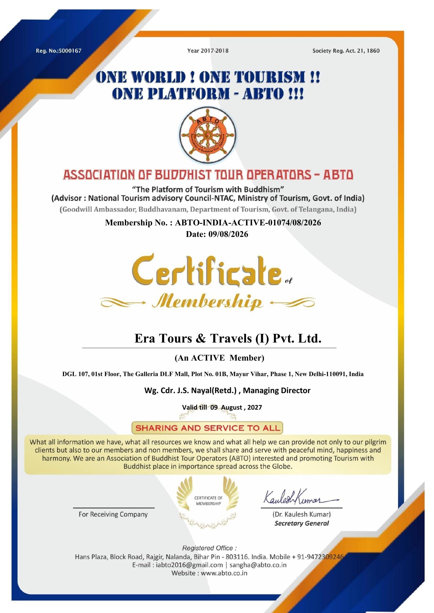 ABTO Active Membership — Era Tours & Travels certificate scan