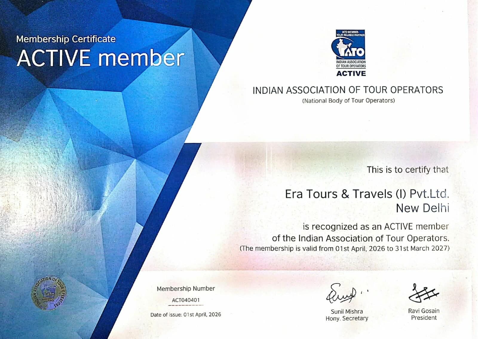 IATO Active Membership — Era Tours & Travels certificate scan