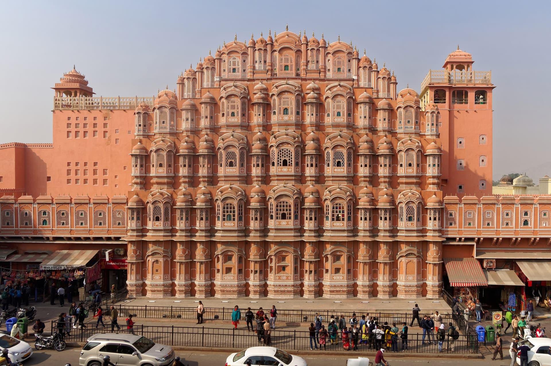 The pink honeycomb facade of Hawa Mahal, Jaipur